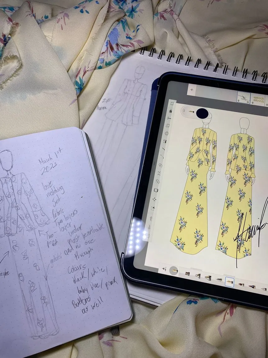 Design sketches and a digital illustration of a gown