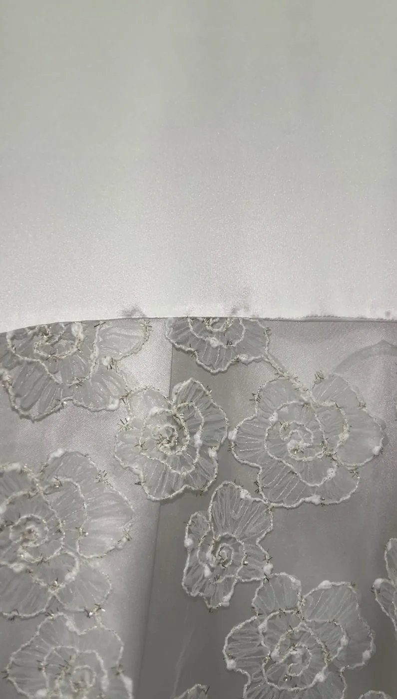 Close detail of the beaded lace border on the train